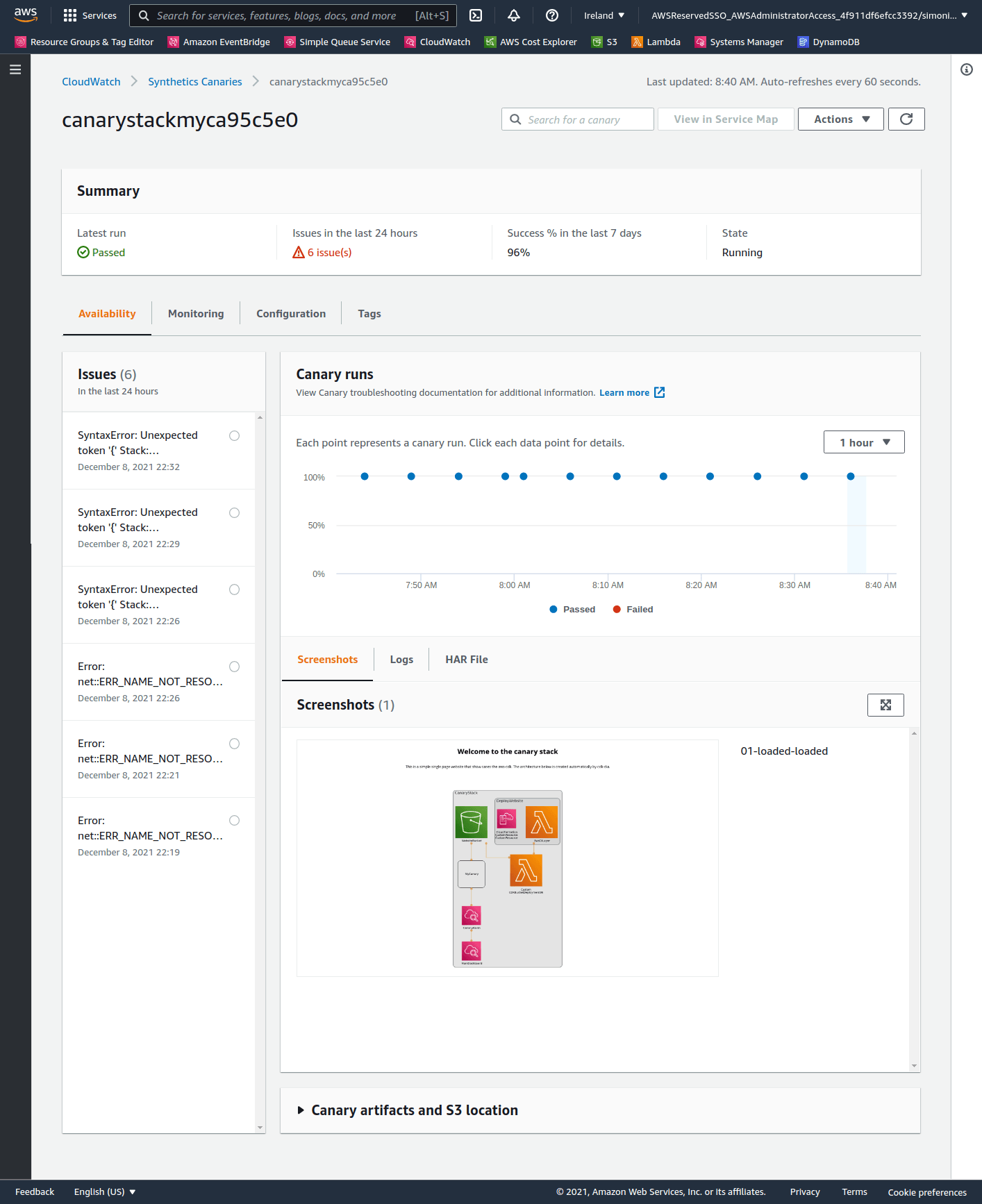 AWS Admin panel screenshot showing canary polled every 5 minutes