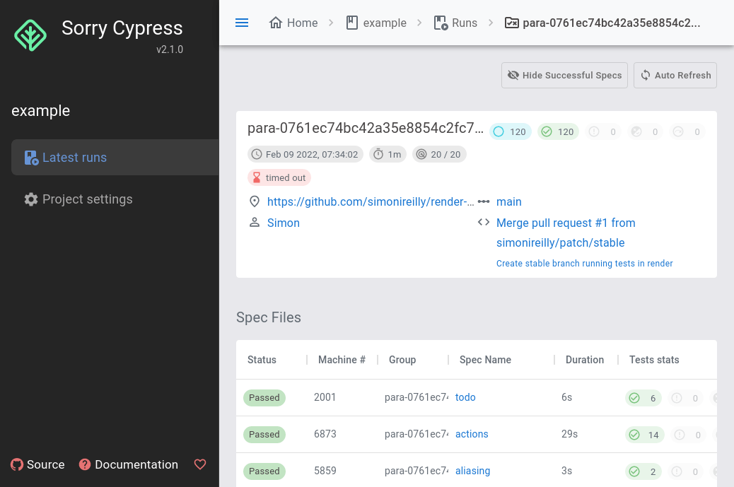 Sorry Cypress Dashboard showing test run